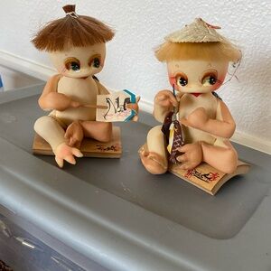 2 Vtg Anthropomorphic Soft Cloth Painted Face Dolls. Made Japan Figure. Signed!!